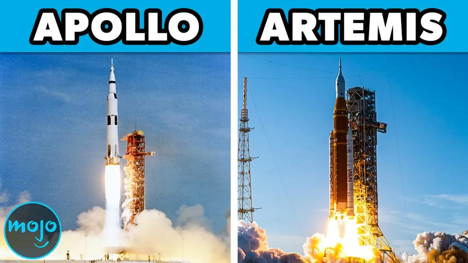 Apollo vs Artemis differences comparison – side-by-side view of Saturn V and SLS rockets with Apollo and Orion spacecraft