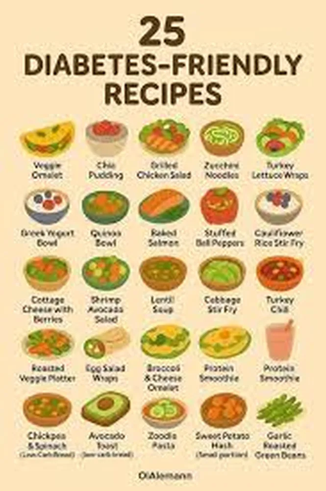 Variety of healthy diabetes friendly recipes including vegetables and lean protein