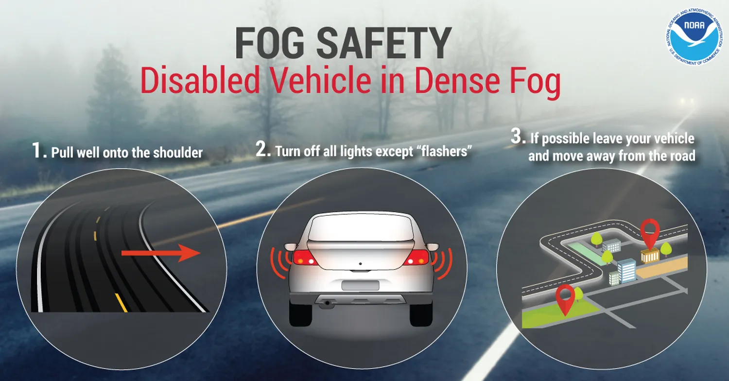 How to drive safely in heavy fog conditions with vehicle lights visible through misty weather haze