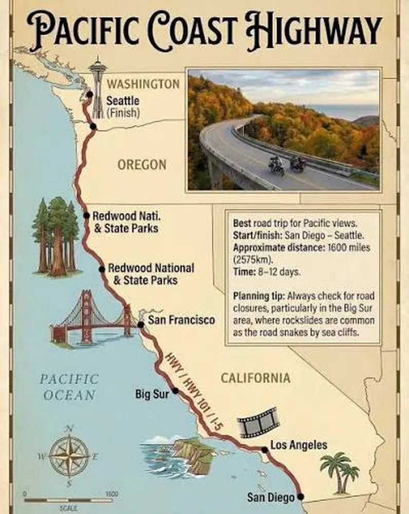 How to plan the ultimate road trip itinerary through California - Coastal highway driving route with scenic ocean views