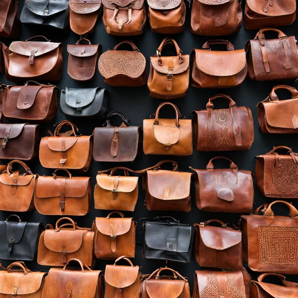 Selection of authentic handmade leather bags in a local workshop