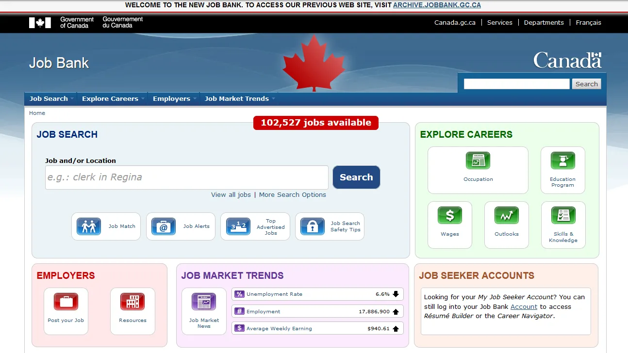 How to apply Job Bank Canada in 2026 - Job Bank homepage and search interface